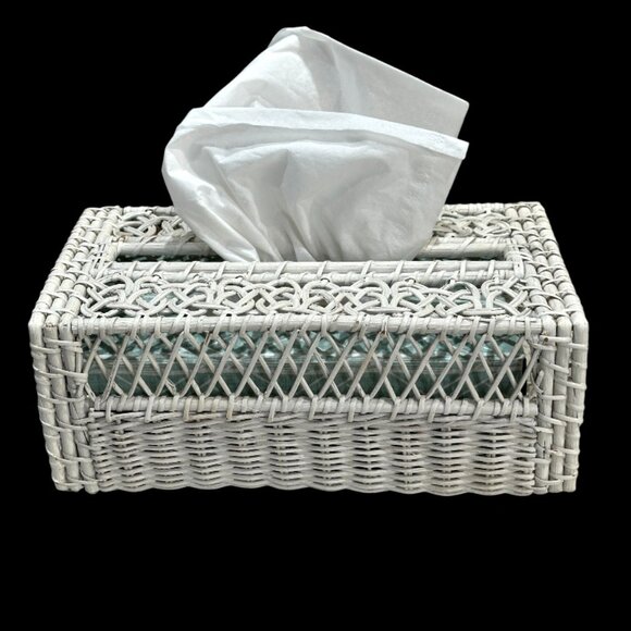 Vintage White Woven Wicker Tissue Box Cover Holder Rectangular Cottage Shabby - Picture 1 of 12